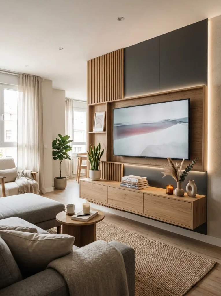 Modern compact living room with floating TV unit, elegant wall styling, books, and candle decor.