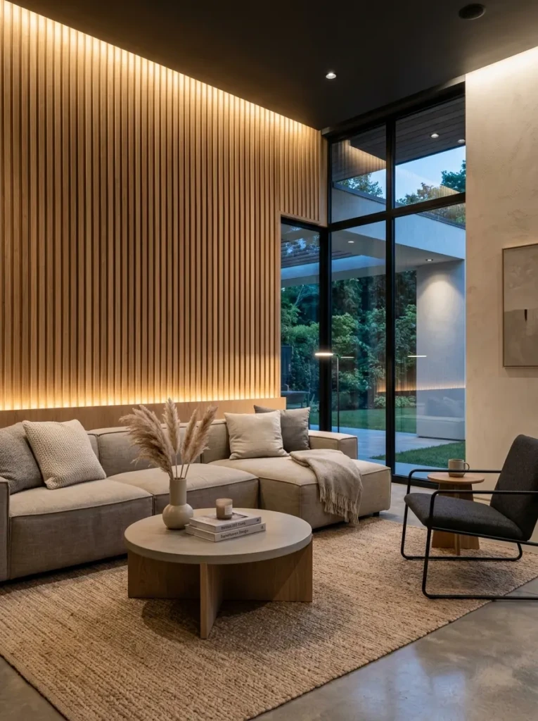 Contemporary living room featuring vertical wood wall paneling and warm textured neutral styling.