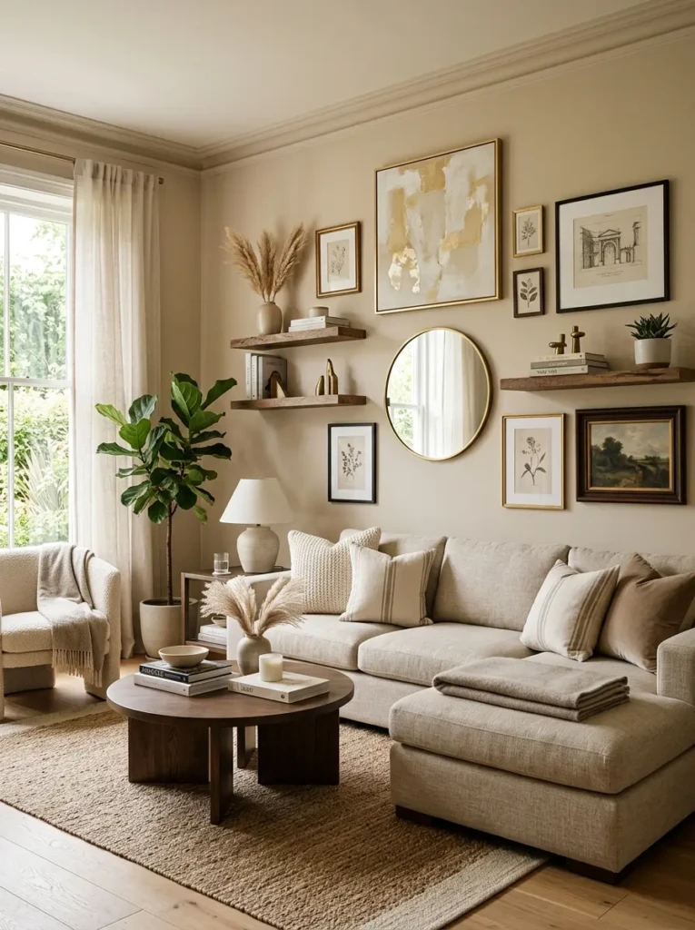 Living room wall decorated with framed artwork, mirror accents, floating shelves, and balanced neutral styling.
