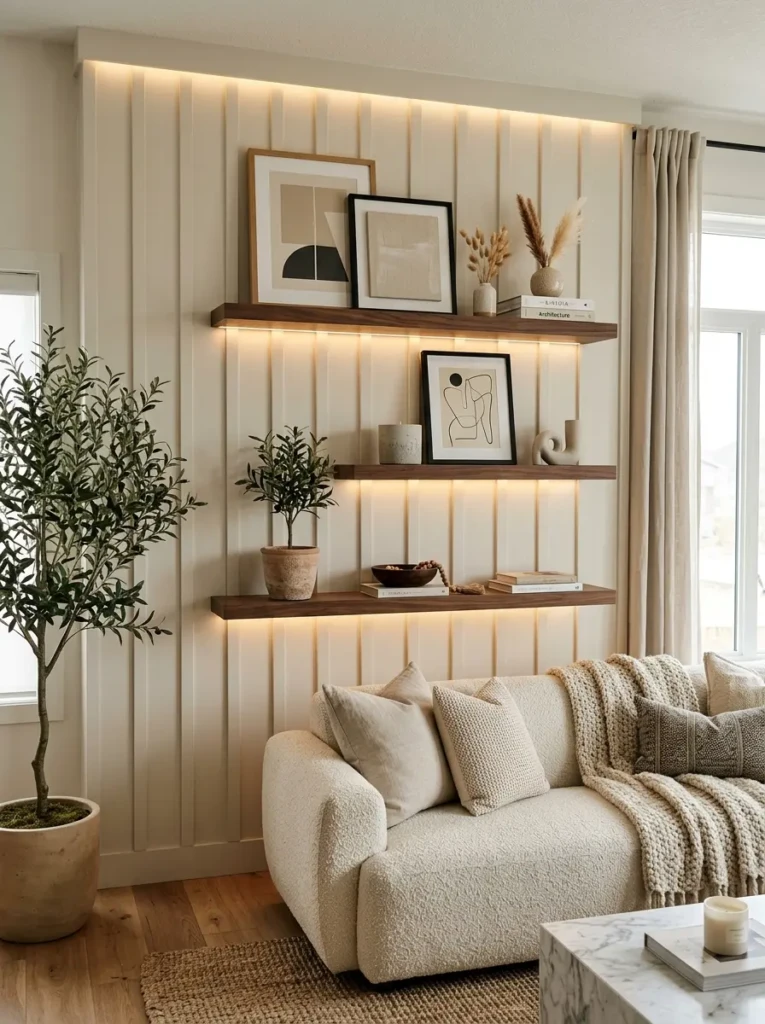 Stylish aesthetic living room wall featuring subtle panel design, floating shelves, and hidden LED lighting.