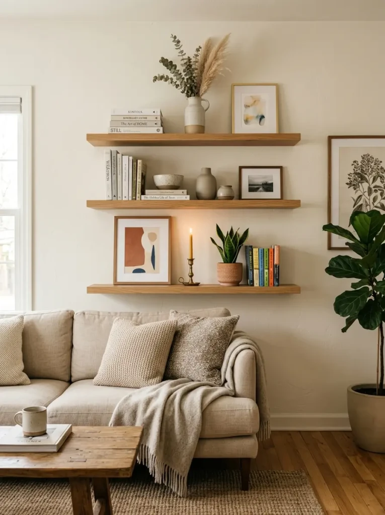 Floating shelves in a living room displaying books, ceramics, candles, and framed artwork.