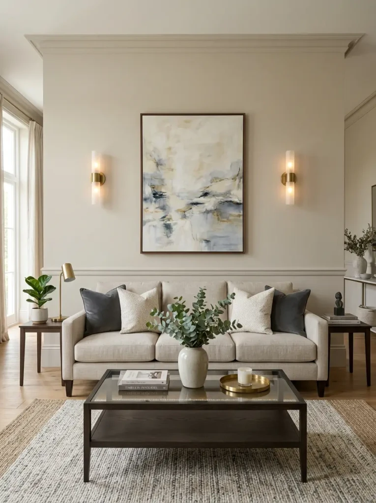 Neutral living room wall with centered artwork, matching sconces, and simple elegant styling.