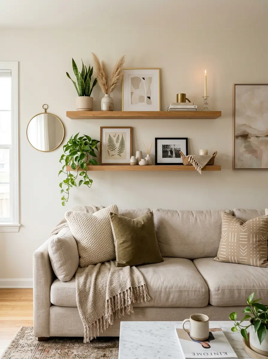 Modern living room wall featuring multiple floating shelf styling ideas with plants, candles, and art frames.