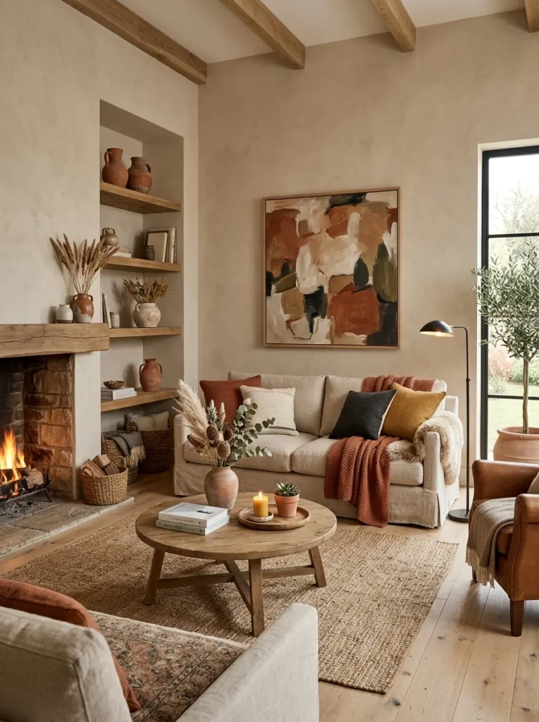 A cozy living room with neutral walls and warm-toned decor like wood and clay elements.