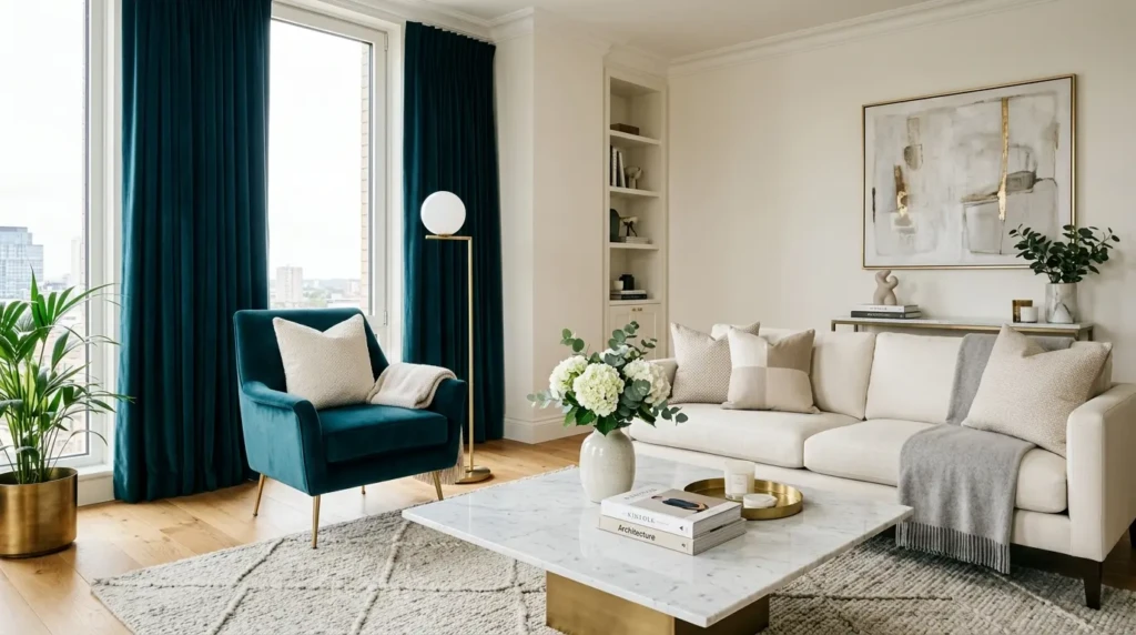 Neutral living room styled with teal curtains, teal accent chair, ivory sofa, marble table, and brass floor lamp.