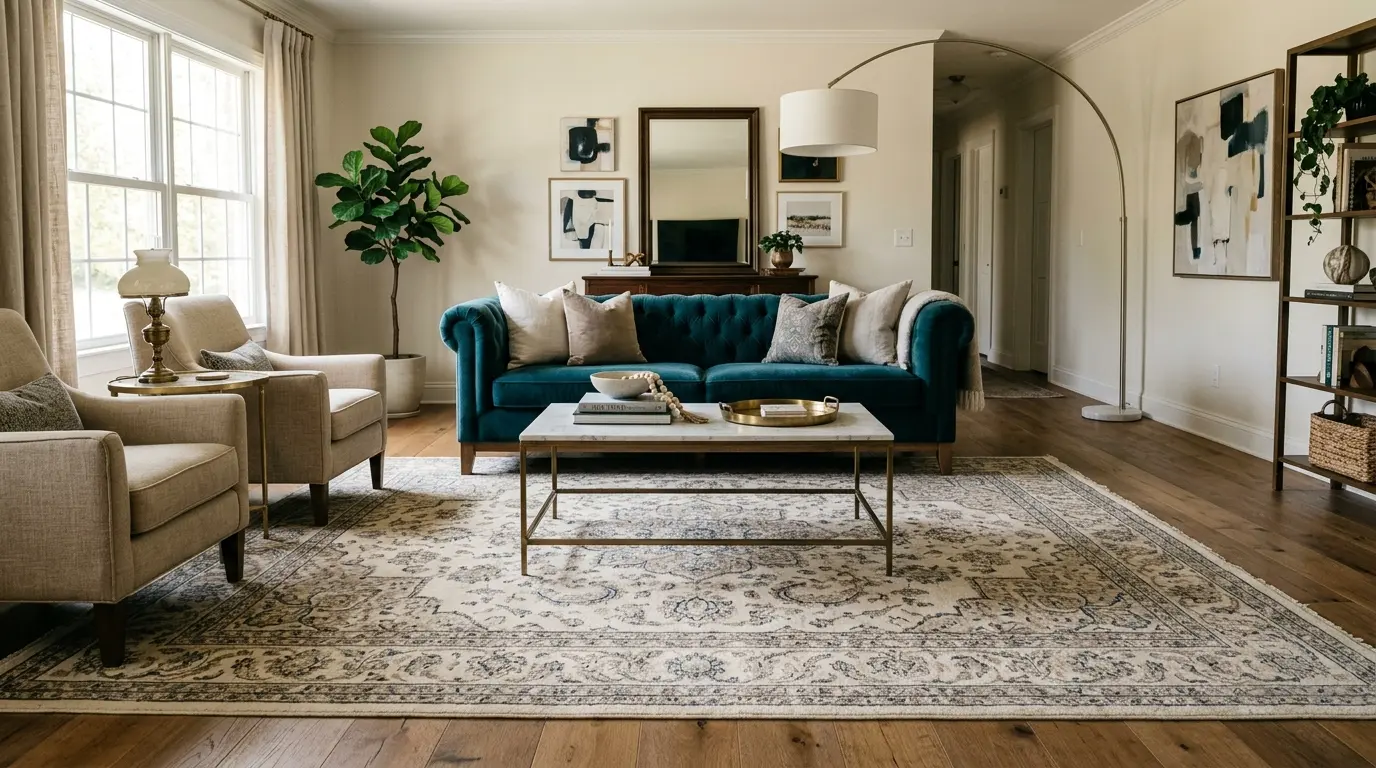 Teal sofa placed over a large neutral rug with a marble coffee table and balanced seating arrangement.
