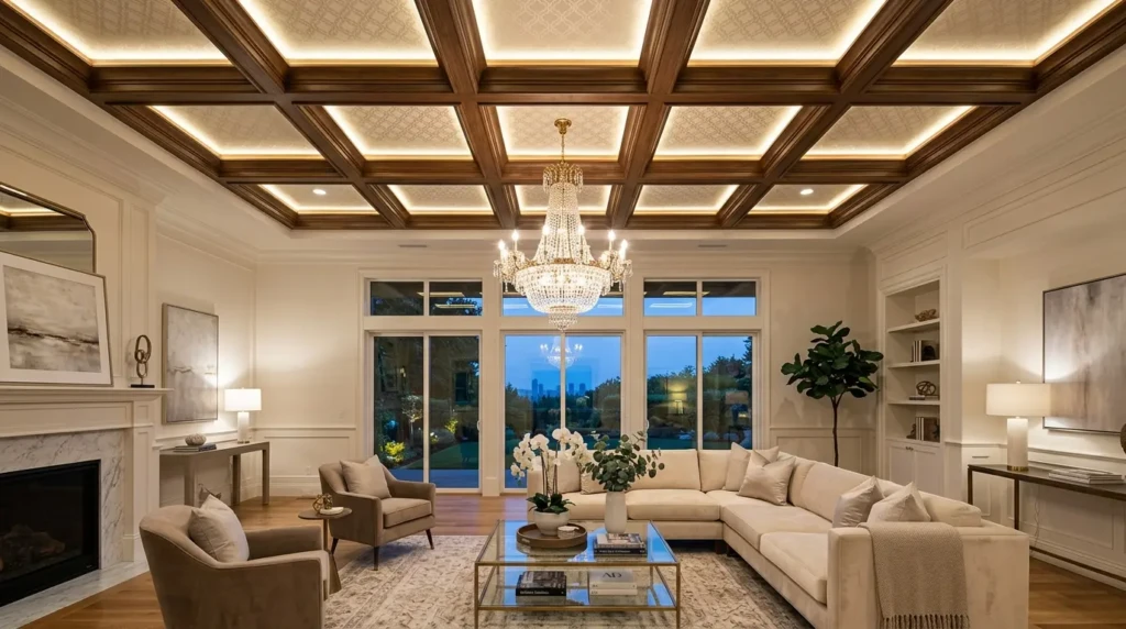 elegant living room ceiling design modern style with coffered ceiling, recessed lighting, chandelier, and refined architectural details
