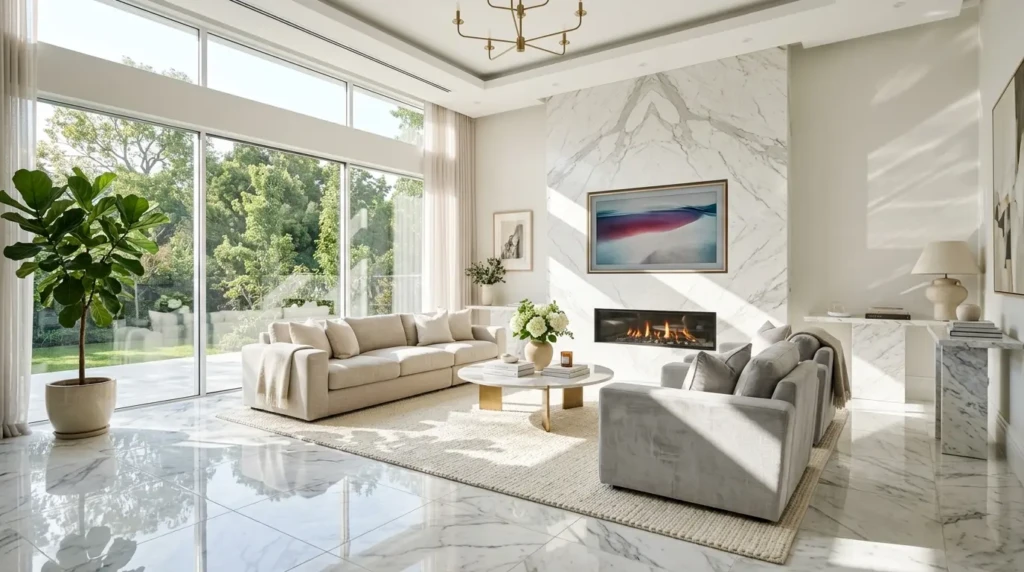 Bright spacious living room with glossy marble walls and tables reflecting natural sunlight for a luxurious open feel.