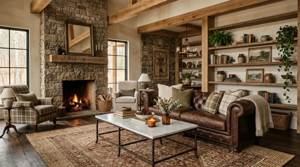 Rustic living room styled with a marble-top coffee table, leather sofa, reclaimed wood shelves, and warm earthy textures.