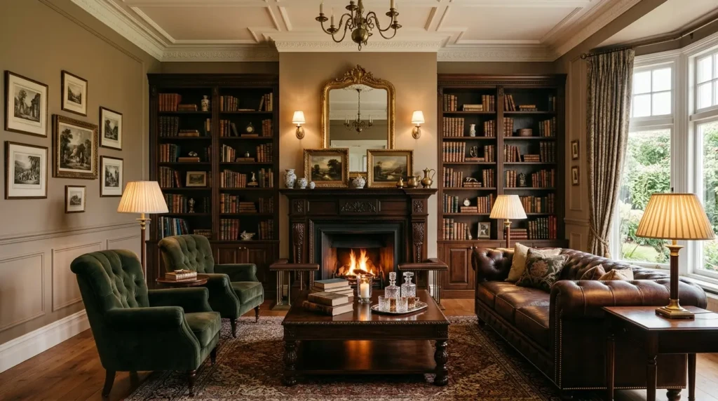 Traditional living room decor ideas with dark wood furniture, built-in bookshelves, leather-bound books, tufted seating, and a timeless fireplace arrangement.