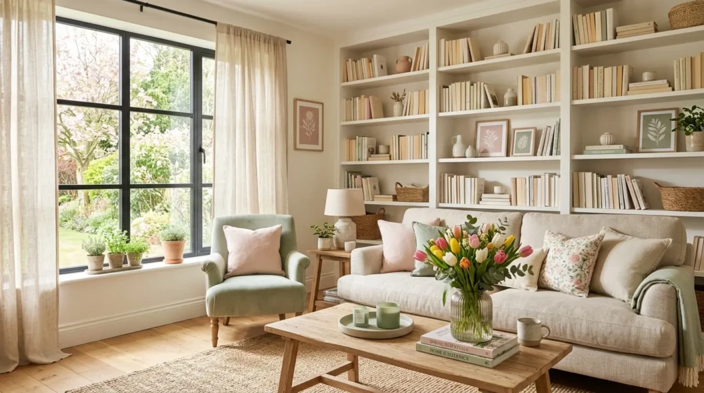 Spring living room decor with pastel-toned books, tulips in a vase, airy linen curtains, woven textures, and bright natural sunlight.