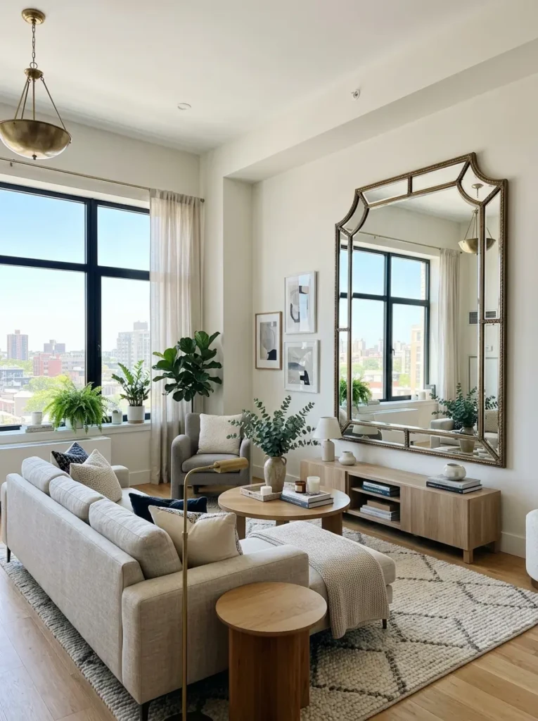 Apartment living room with decorative mirror reflecting natural light to make the space look bigger.