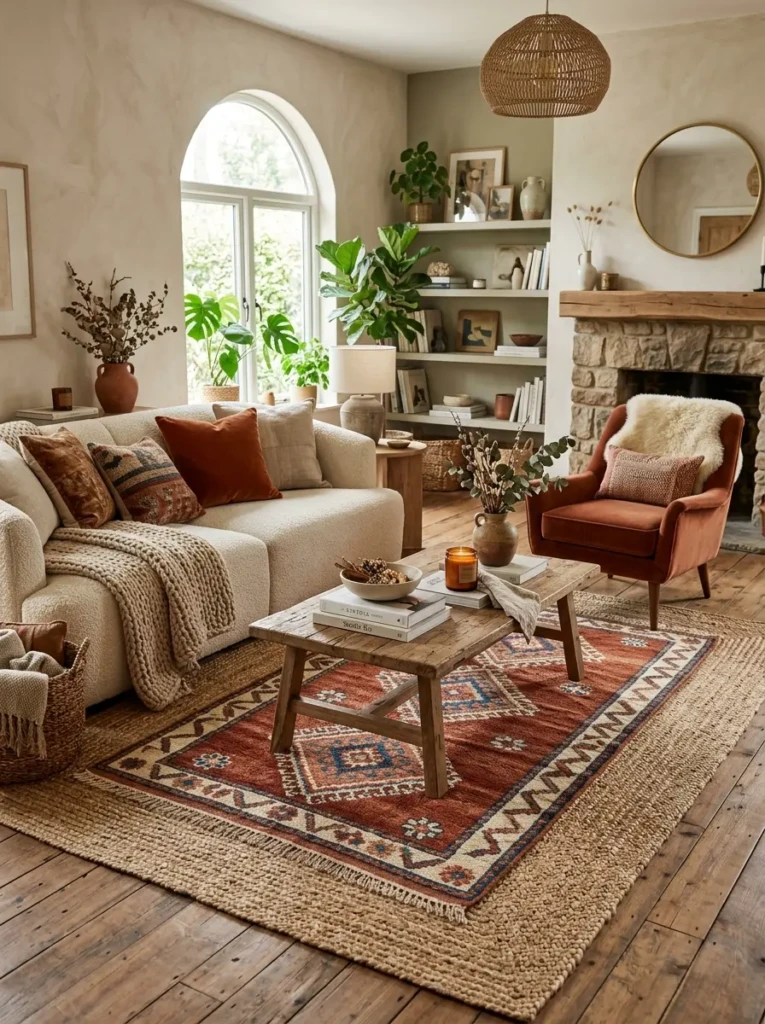 A cozy living room with a jute base rug layered under a patterned accent rug beneath the coffee table.