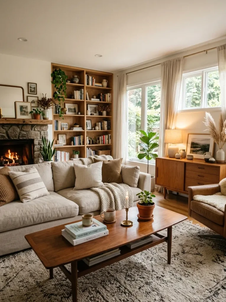 A living room styled with walnut coffee table, oak shelves, and layered soft furnishings.