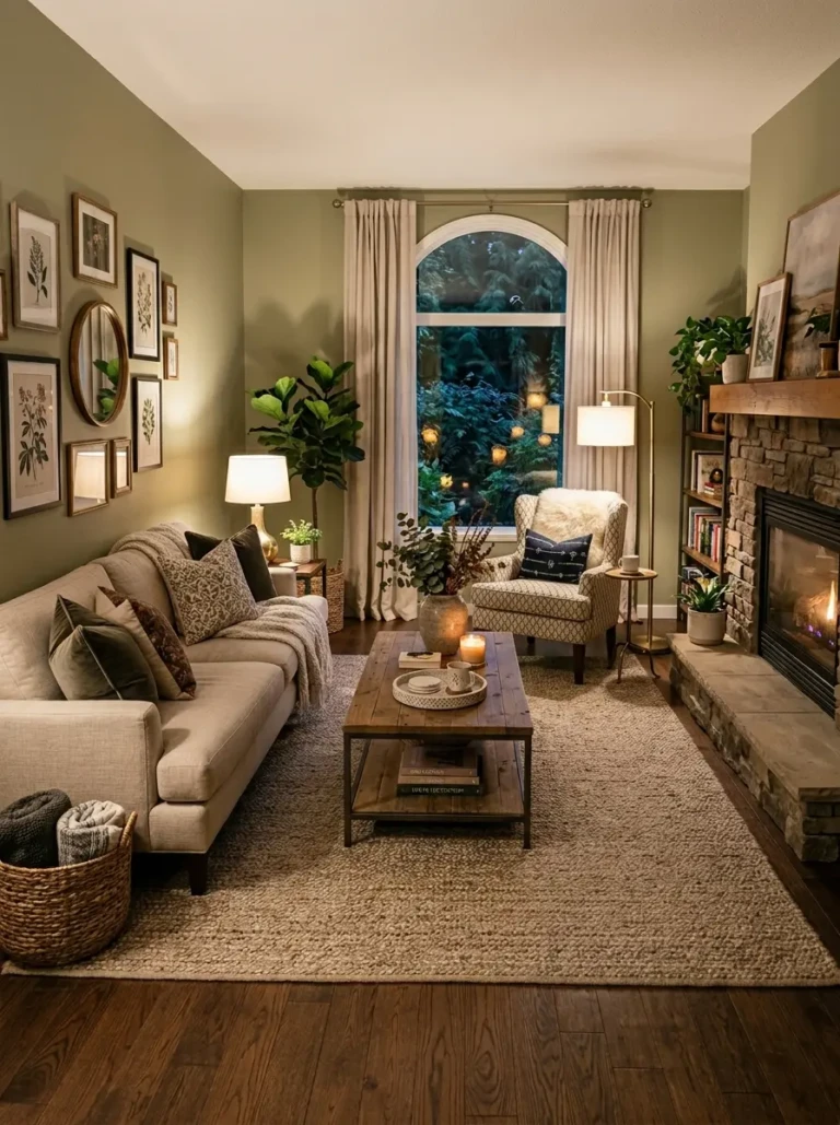 A welcoming living room with sofa and accent chairs facing each other around a central coffee table.