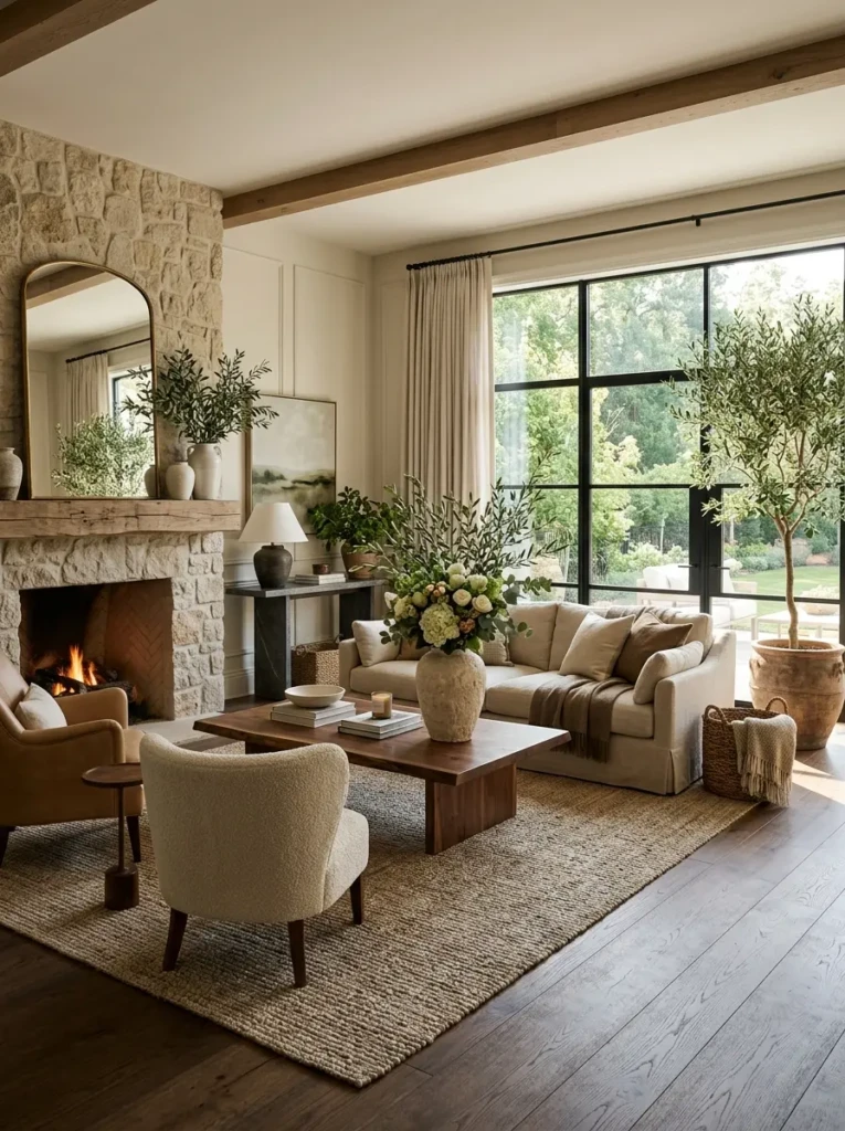 Luxury living room featuring olive tree, fresh flowers, stone decor, and warm wood textures.
