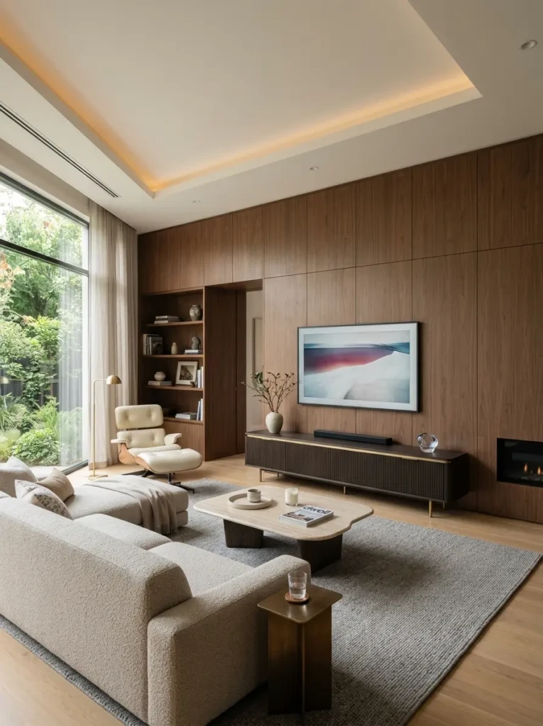 Minimal luxury living room with concealed cabinets and clutter-free elegant surfaces.