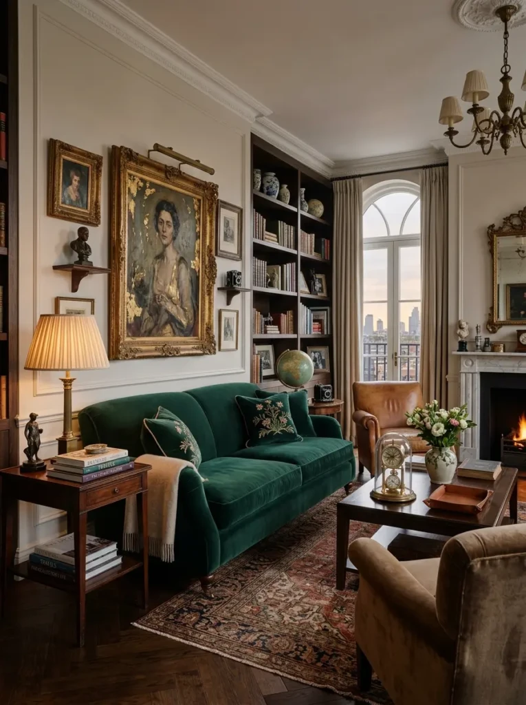 High-end living room with vintage collectibles, heirloom artwork, and curated designer books.