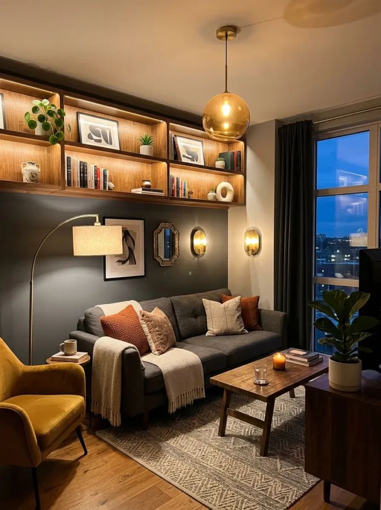A small living room styled with ceiling lights, floor lamp, sconces, and warm accent shelf lighting.