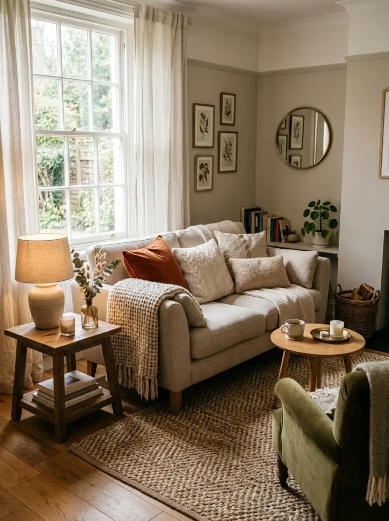 A warm small living room styled with textured cushions, soft rug, linen curtains, and layered throws.