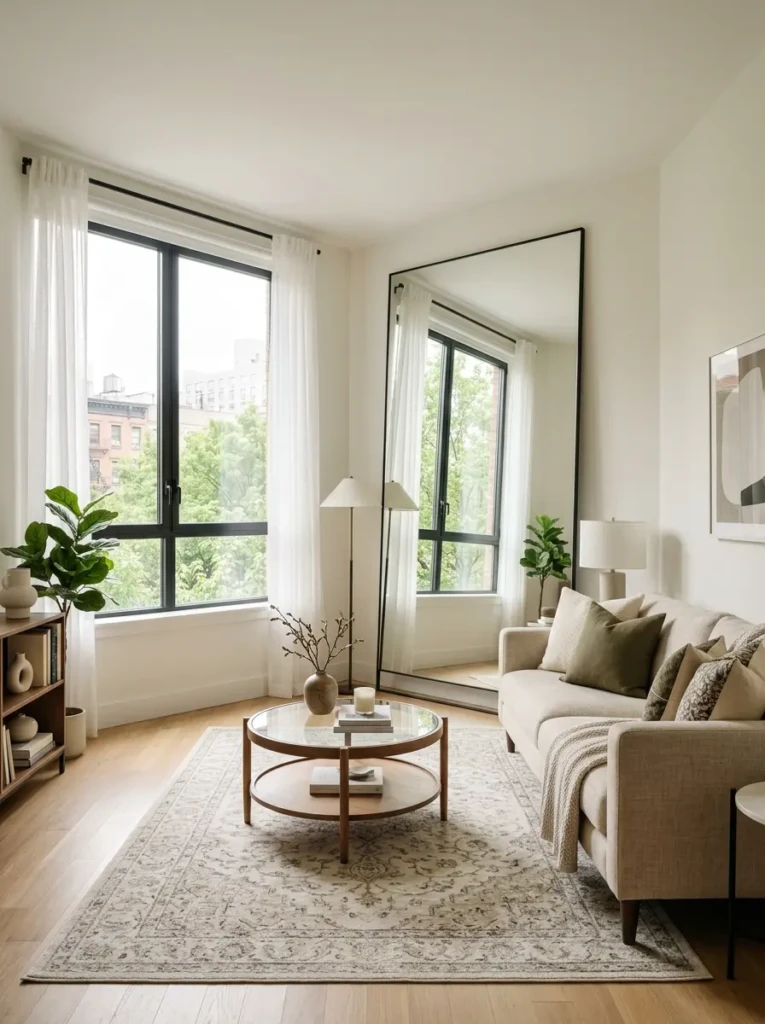 A small living room with a large mirror reflecting natural light to create a spacious illusion.