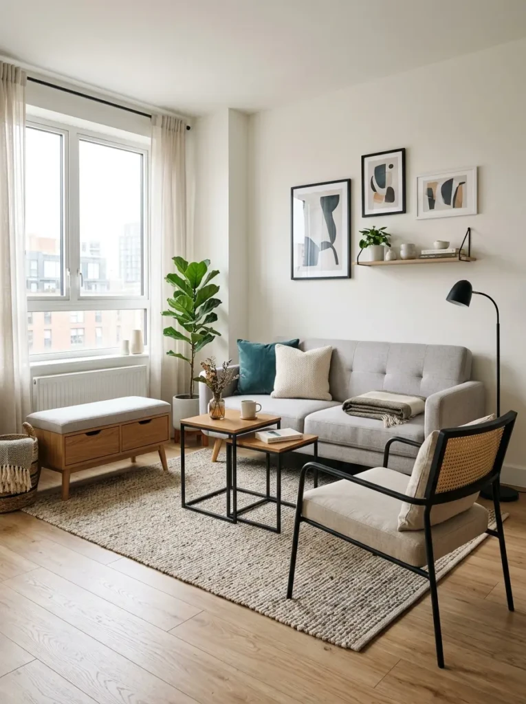 A slim two-seater sofa with raised legs and hidden storage placed in a compact modern living room.