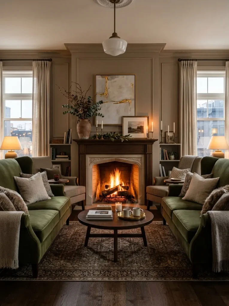 A small living room with a fireplace as the focal point, featuring balanced seating and warm mantel decor.