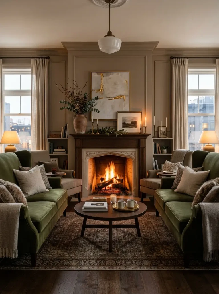 A small living room with a fireplace as the focal point, featuring balanced seating and warm mantel decor.