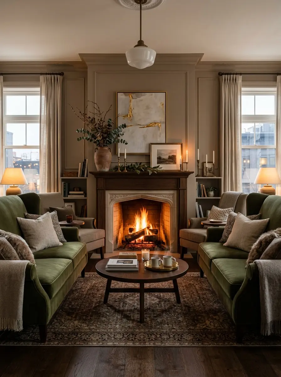 A small living room with a fireplace as the focal point, featuring balanced seating and warm mantel decor.