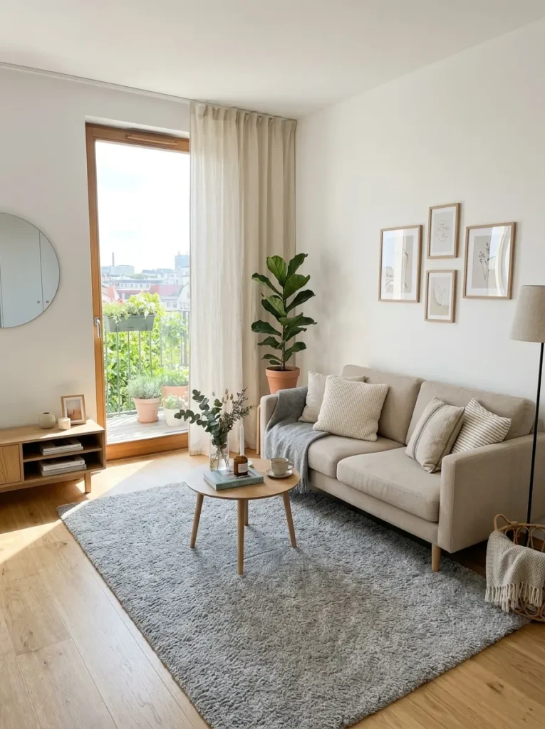 A bright small living room with white walls, beige sofa, cream curtains, and natural sunlight creating an open feel.
