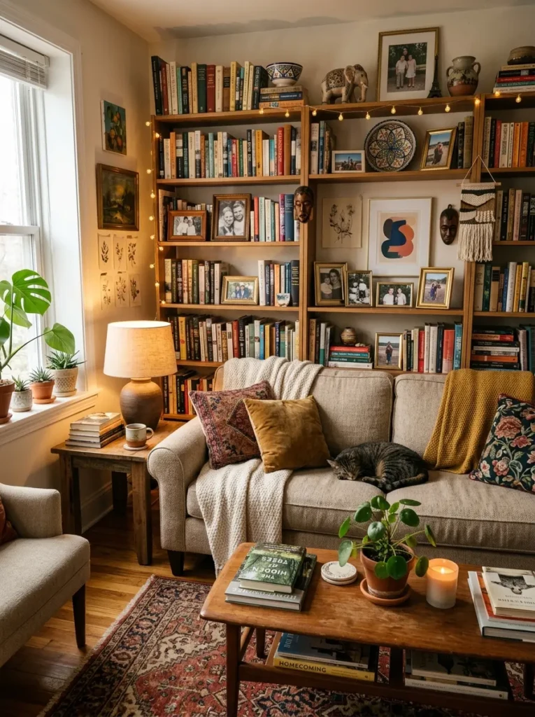 A cozy small living room styled with books, family photos, souvenirs, and meaningful decor accents.