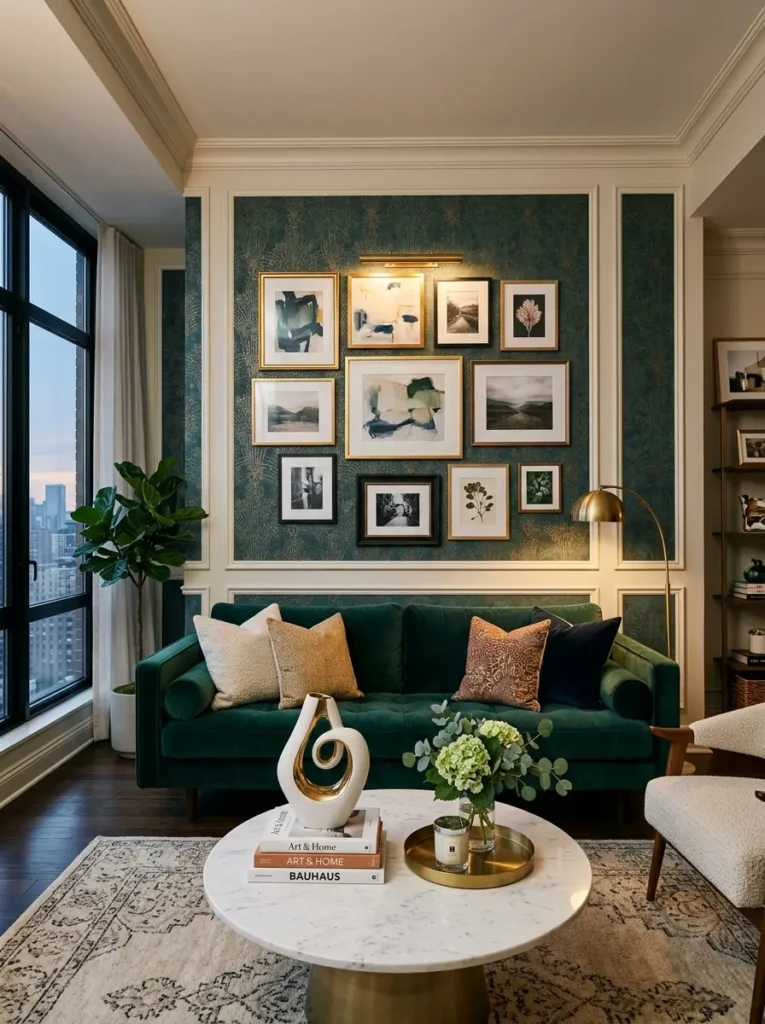 Stylish focal wall behind apartment sofa with textured wallpaper, molding, and framed art gallery display.