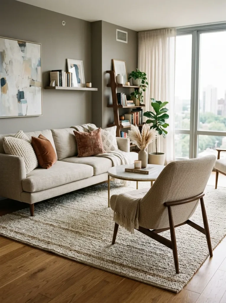 Elegant apartment living room with slim accent chair, sofa pairing, and airy conversational seating design.
