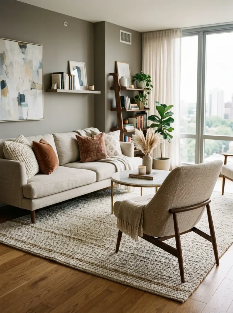 Elegant apartment living room with slim accent chair, sofa pairing, and airy conversational seating design.