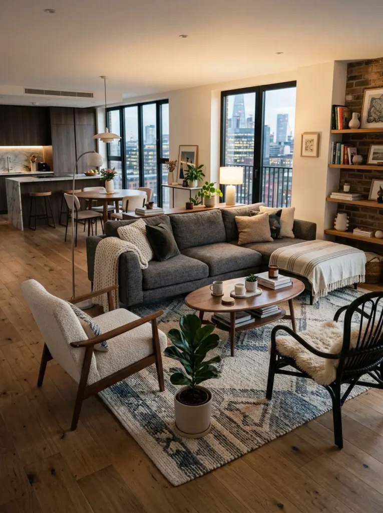 Open-plan apartment living room with large rug defining the seating area beneath sofa and chairs.