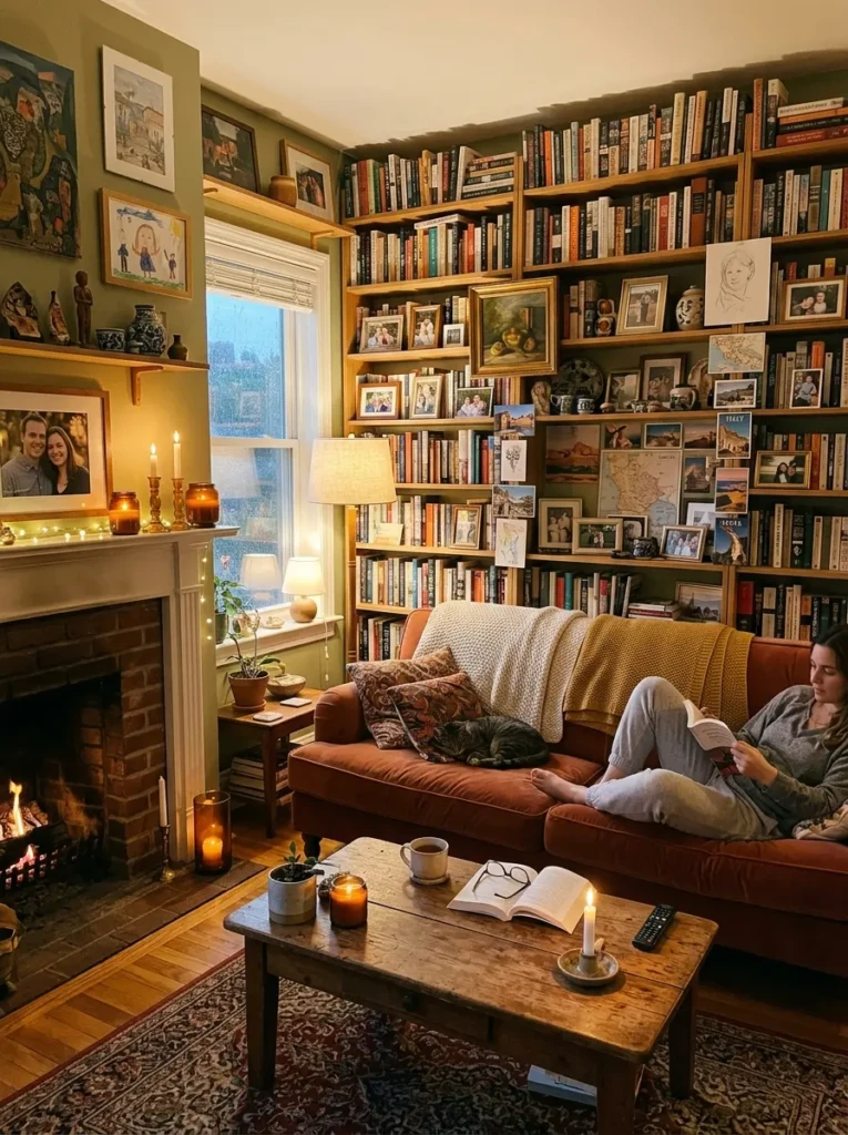 Cozy living room with bookshelves, framed photos, artwork, candles, and meaningful personal decor accents.