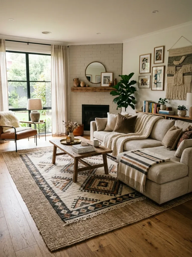 Neutral living room featuring a large rug layered with a smaller textured rug for added warmth and visual depth.