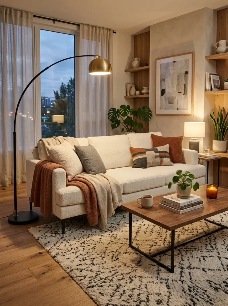 Modern cozy living room with cream sofa, wood accents, plush textiles, and warm minimalist lighting.