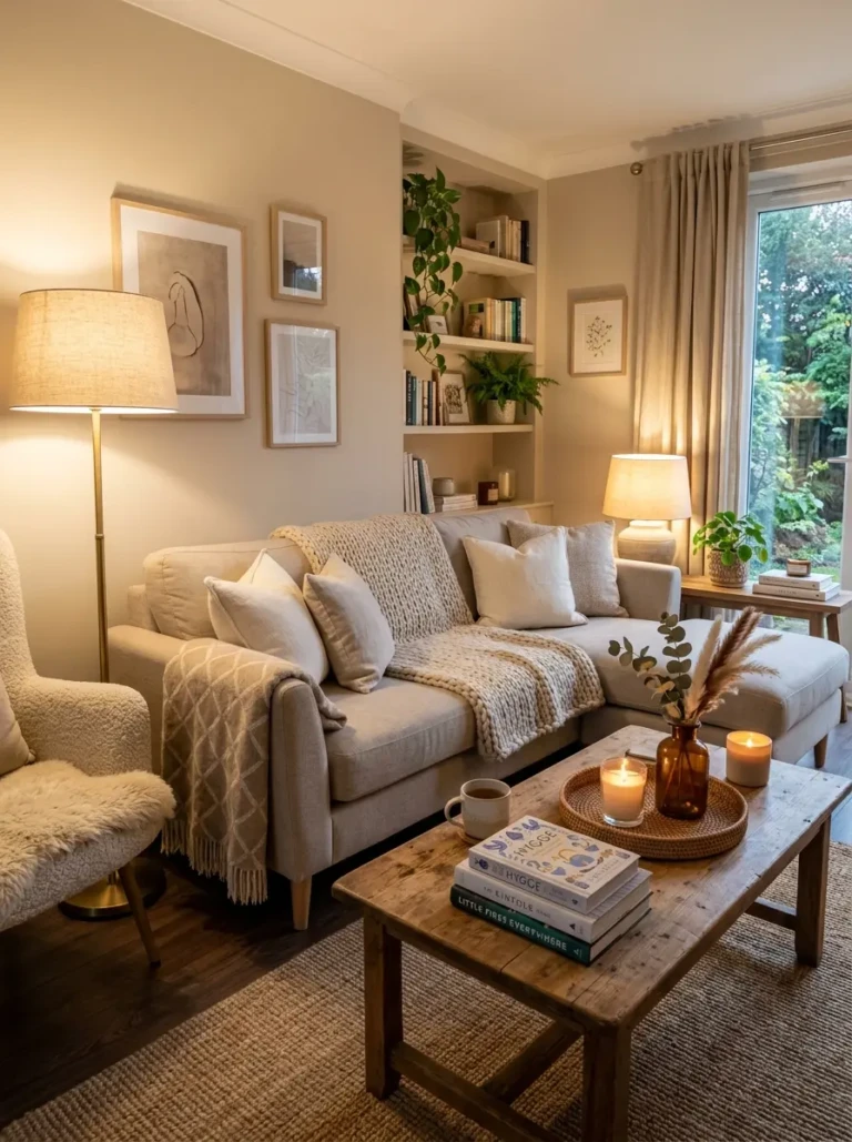 Warm neutral living room with soft sofa, layered blankets, wooden coffee table, candles, and glowing lamps creating a cozy welcoming atmosphere.