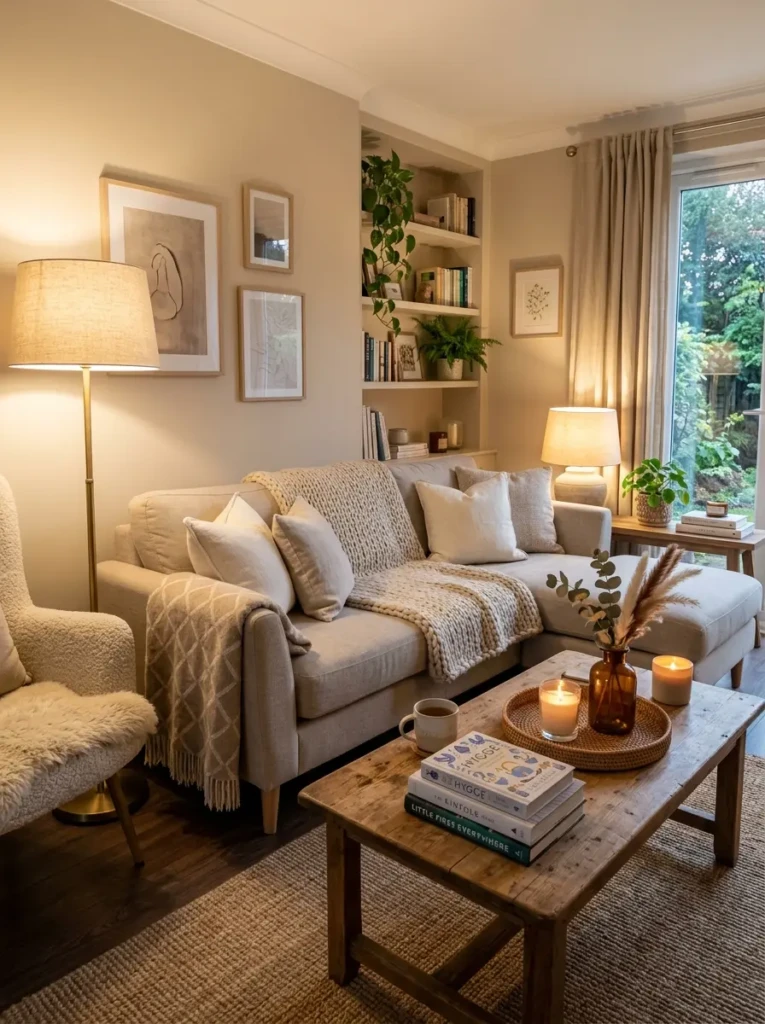 Warm neutral living room with soft sofa, layered blankets, wooden coffee table, candles, and glowing lamps creating a cozy welcoming atmosphere.