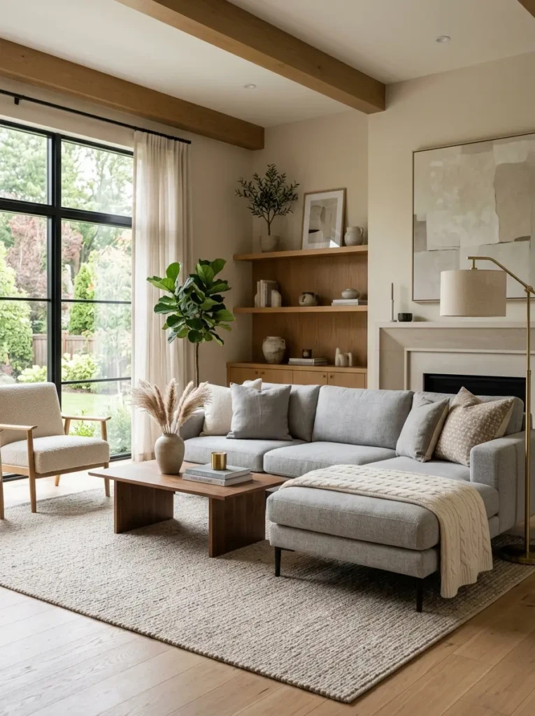 Stylish modern living room with a grey couch, neutral decor, warm wood accents, and soft natural lighting.