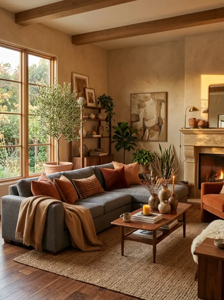 Grey couch in an earth tone living room with terracotta pillows, camel throw, and warm wood furniture.