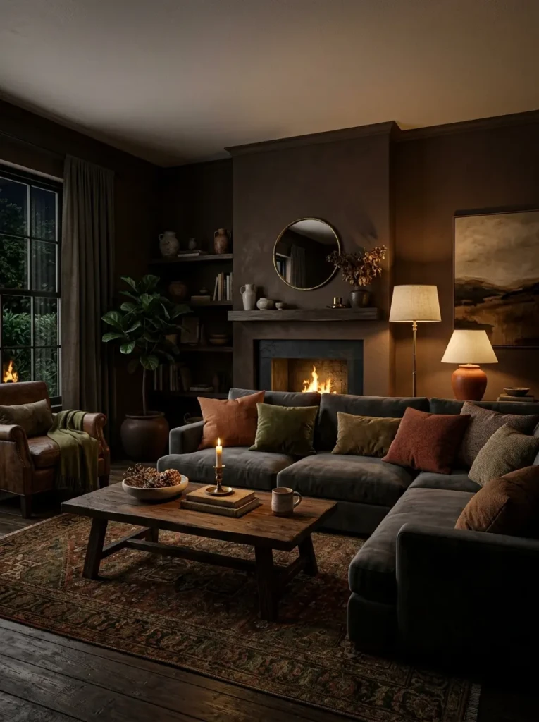 Moody dark earthy living room with charcoal grey couch, deep brown walls, and warm ambient lighting.