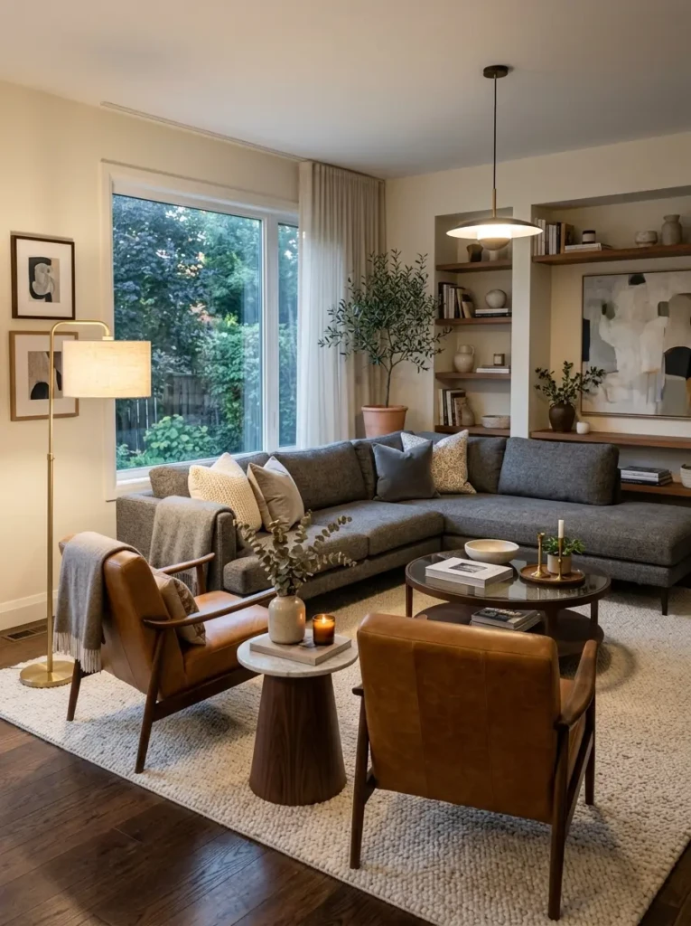 Modern grey sofa paired with tan leather accent chairs, cream rug, and warm lighting.