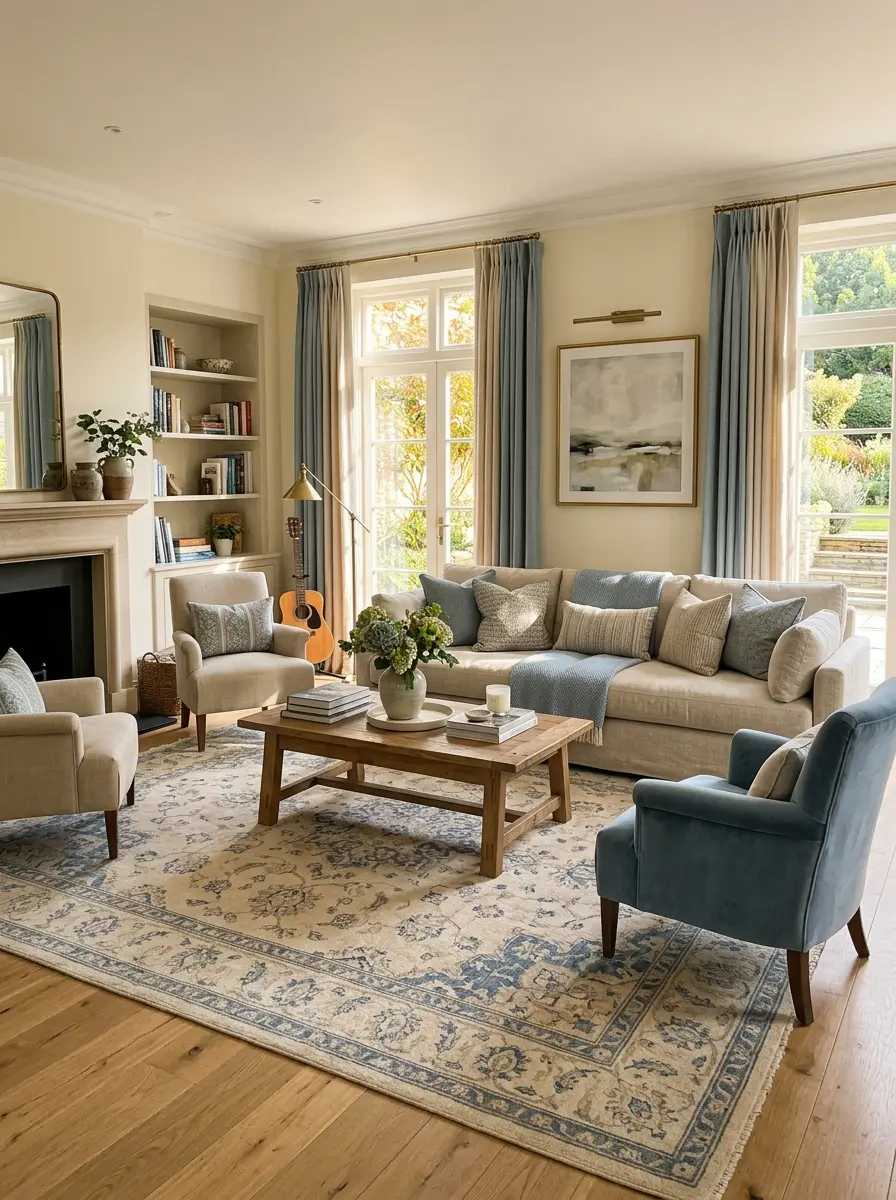 Beige and blue living room rug coordinated with matching pillows and curtains.
