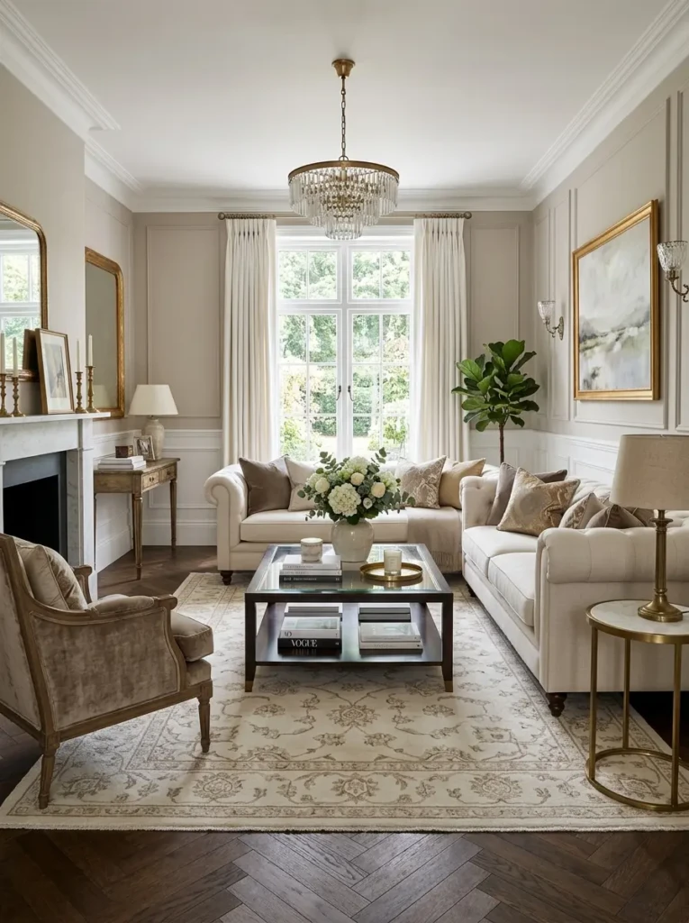Ivory and taupe rug in a modern classic living room with refined elegant furniture.