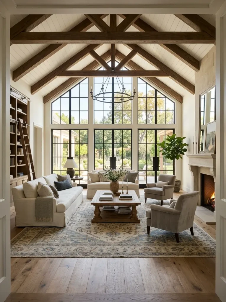 Spacious vaulted ceiling living room featuring a large rug that grounds the tall open space.