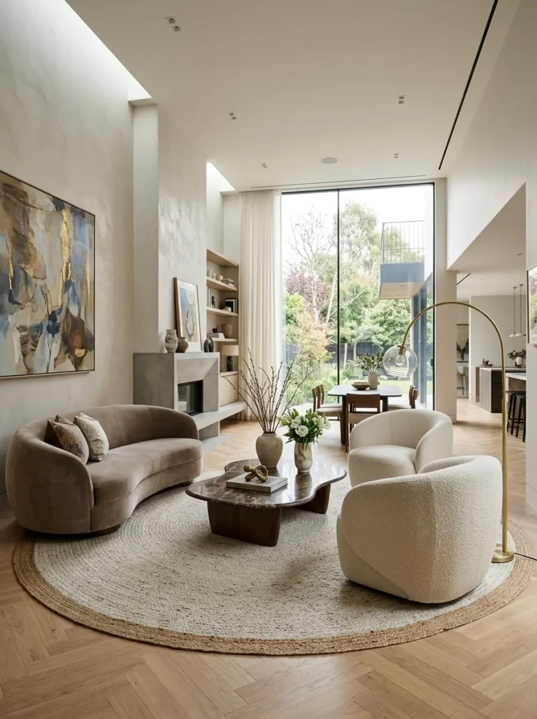 Contemporary living room with round rug under curved seating for smooth visual flow.