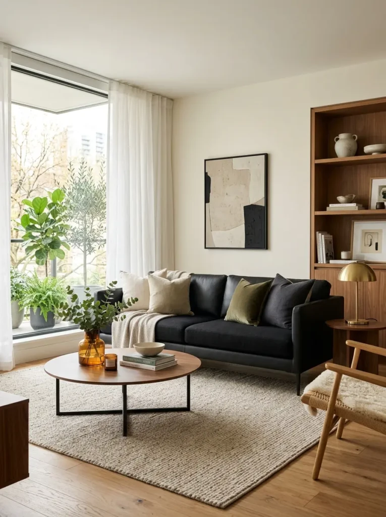 Sleek black couch in a bright living room with cream walls, beige rug, and warm wood accents.