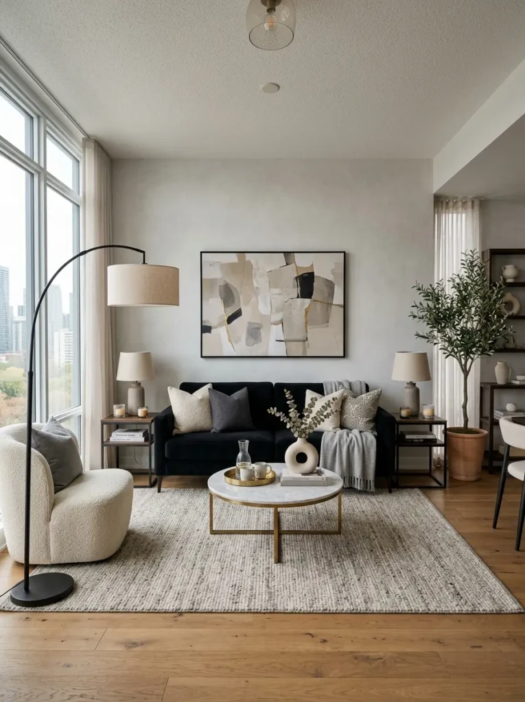 Black sofa centered in a balanced living room layout with side tables and soft neutral decor.